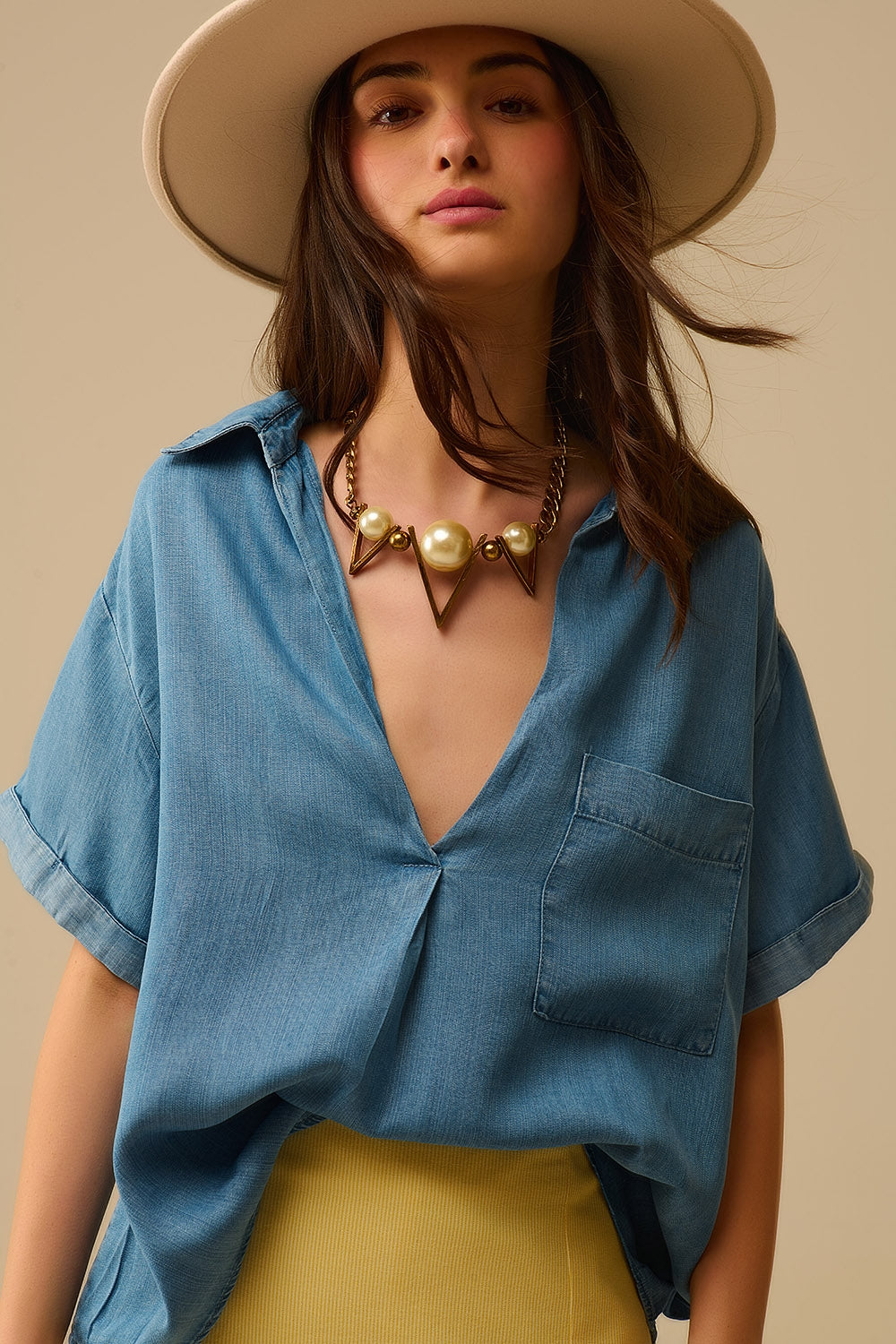Chemise en tencel à manches courtes avec poche poitrine, coloris bleu