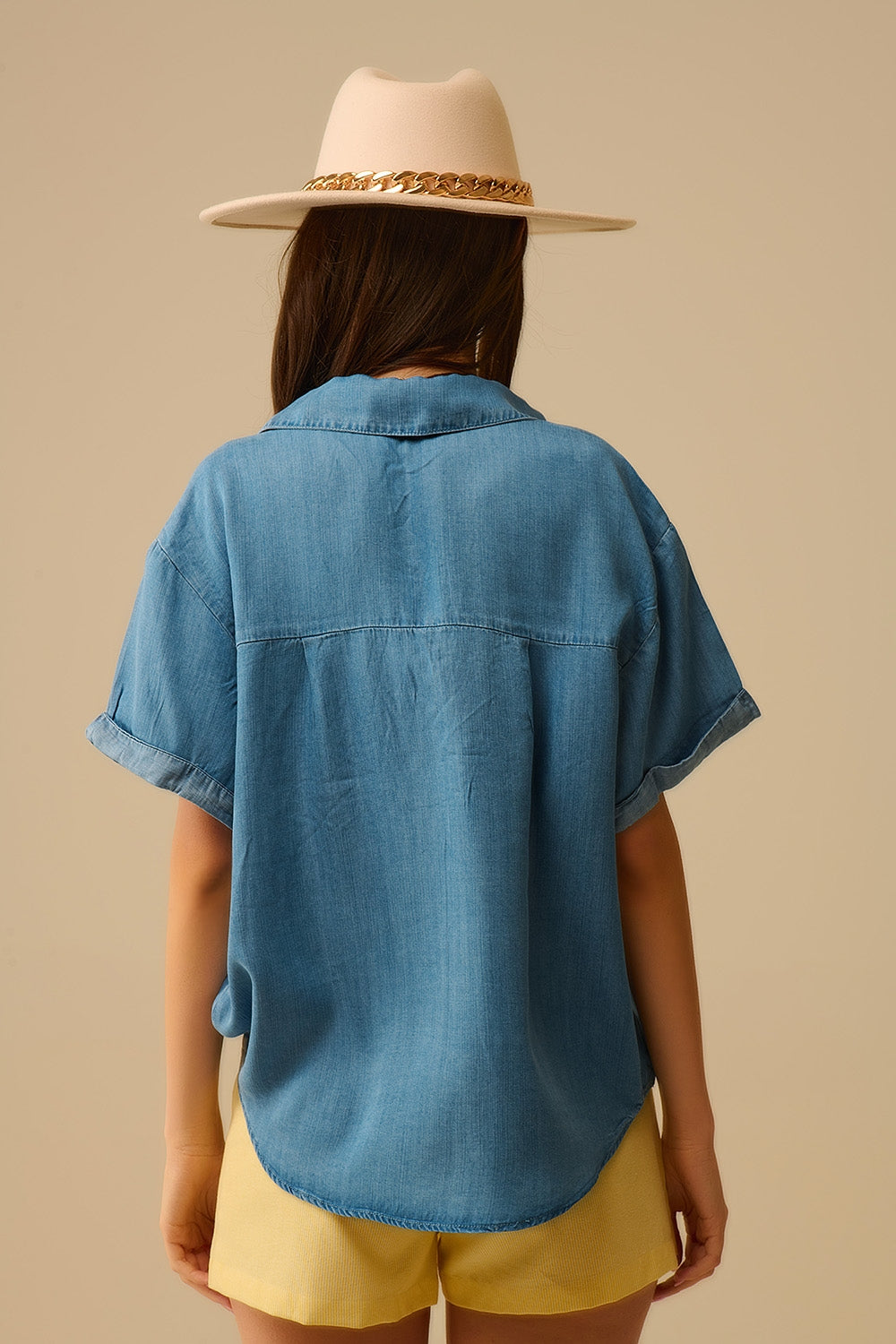 Short Sleeve Tencel Shirt With Chest Pocket in Blue - Shirts, top