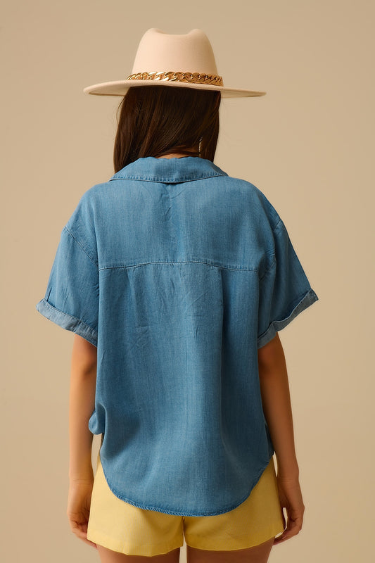 Short Sleeve Tencel Shirt With Chest Pocket in Blue - Shirts, top
