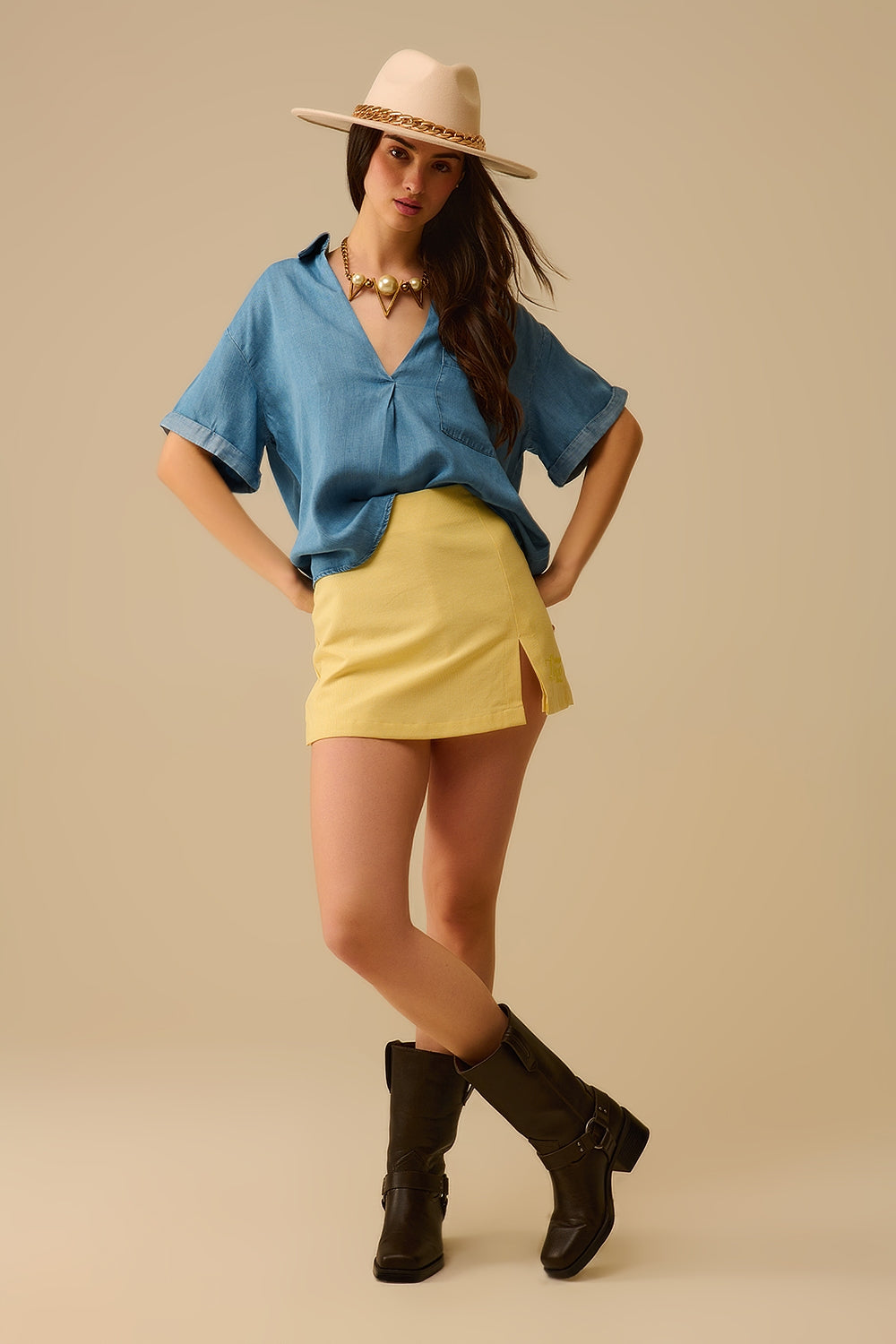 Short Sleeve Tencel Shirt With Chest Pocket in Blue - Shirts, top