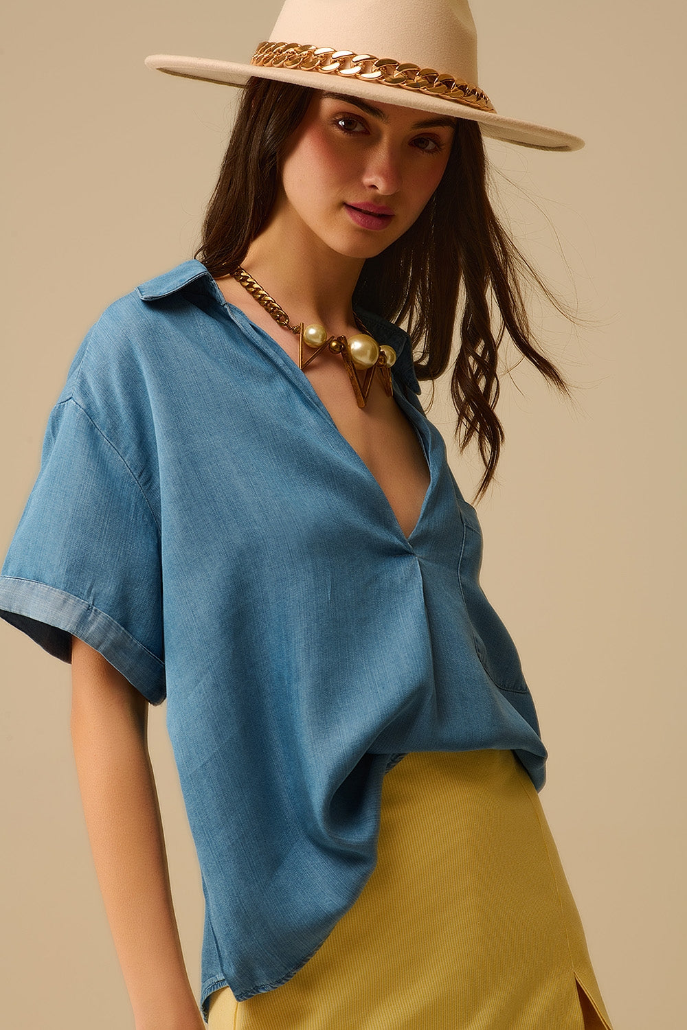Short Sleeve Tencel Shirt With Chest Pocket in Blue - Shirts, top
