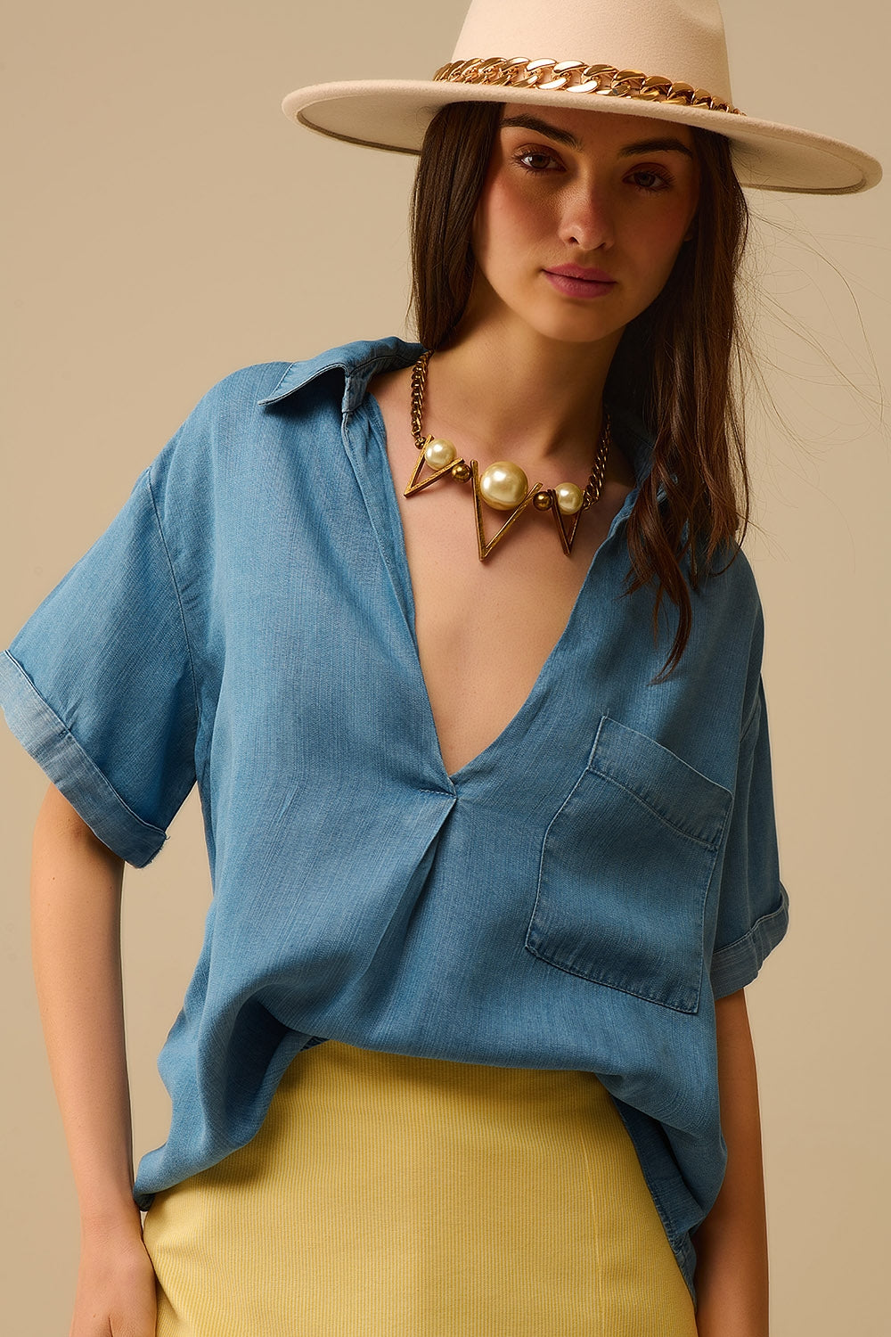 Short Sleeve Tencel Shirt With Chest Pocket in Blue - Shirts, top