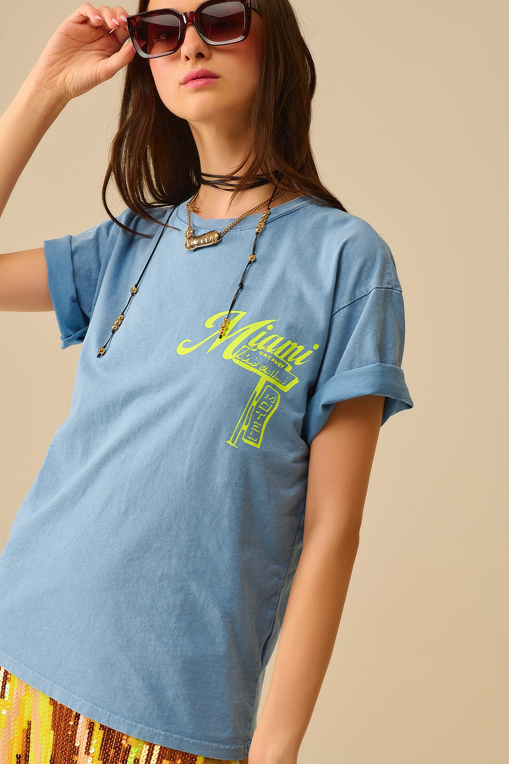 blue T-shirt with Miami logo print in yellow - top