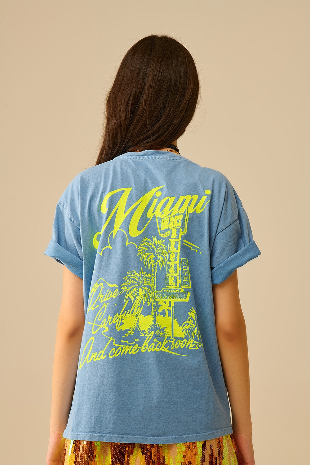 blue T-shirt with Miami logo print in yellow - top