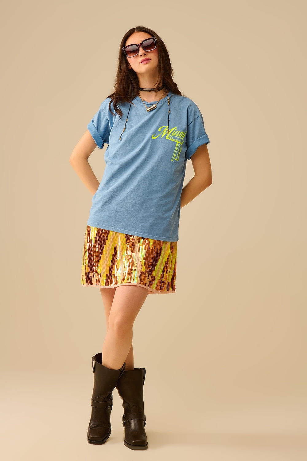 blue T-shirt with Miami logo print in yellow - top