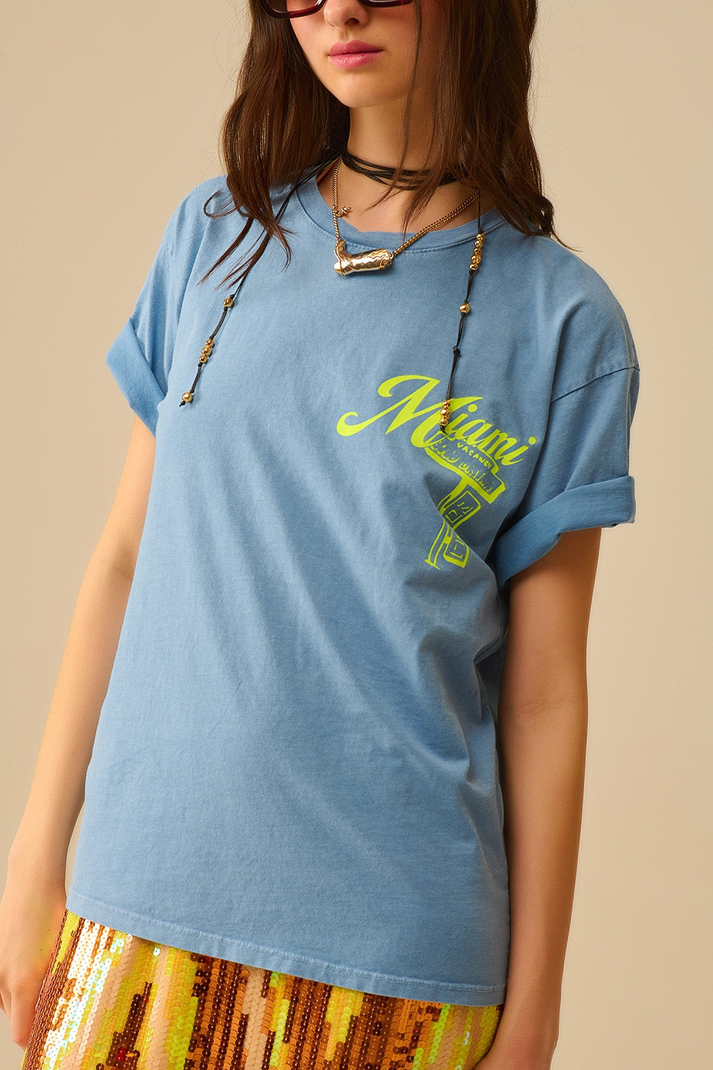 blue T-shirt with Miami logo print in yellow - top