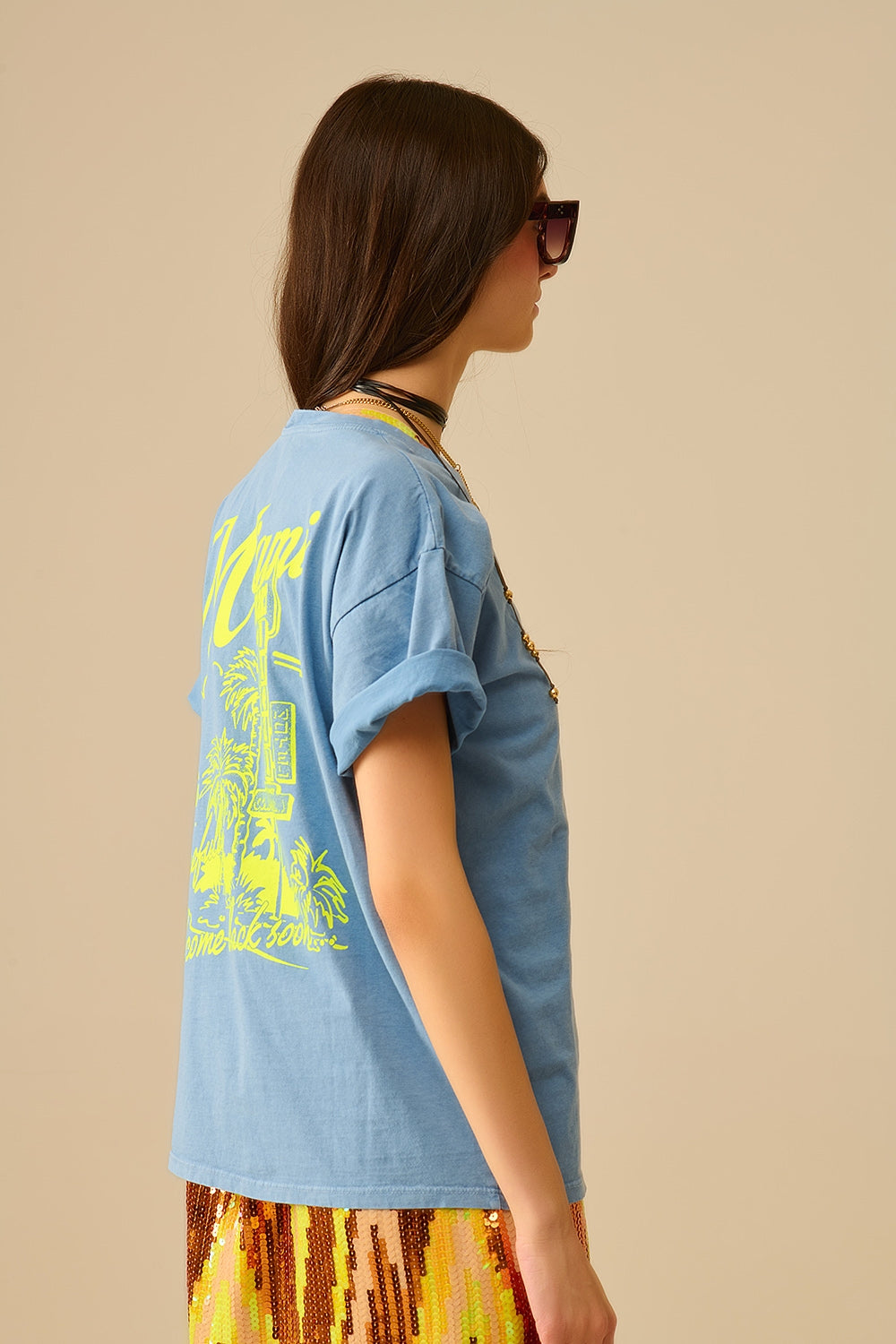 blue T-shirt with Miami logo print in yellow - top