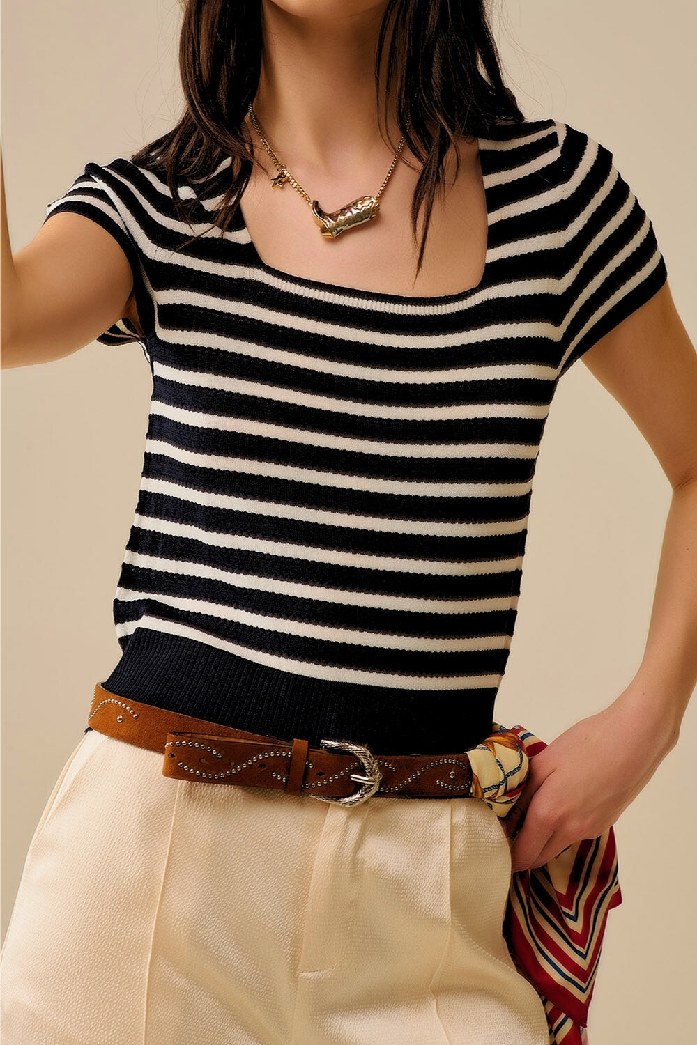 Square neck Stripped Sweater in White and Black