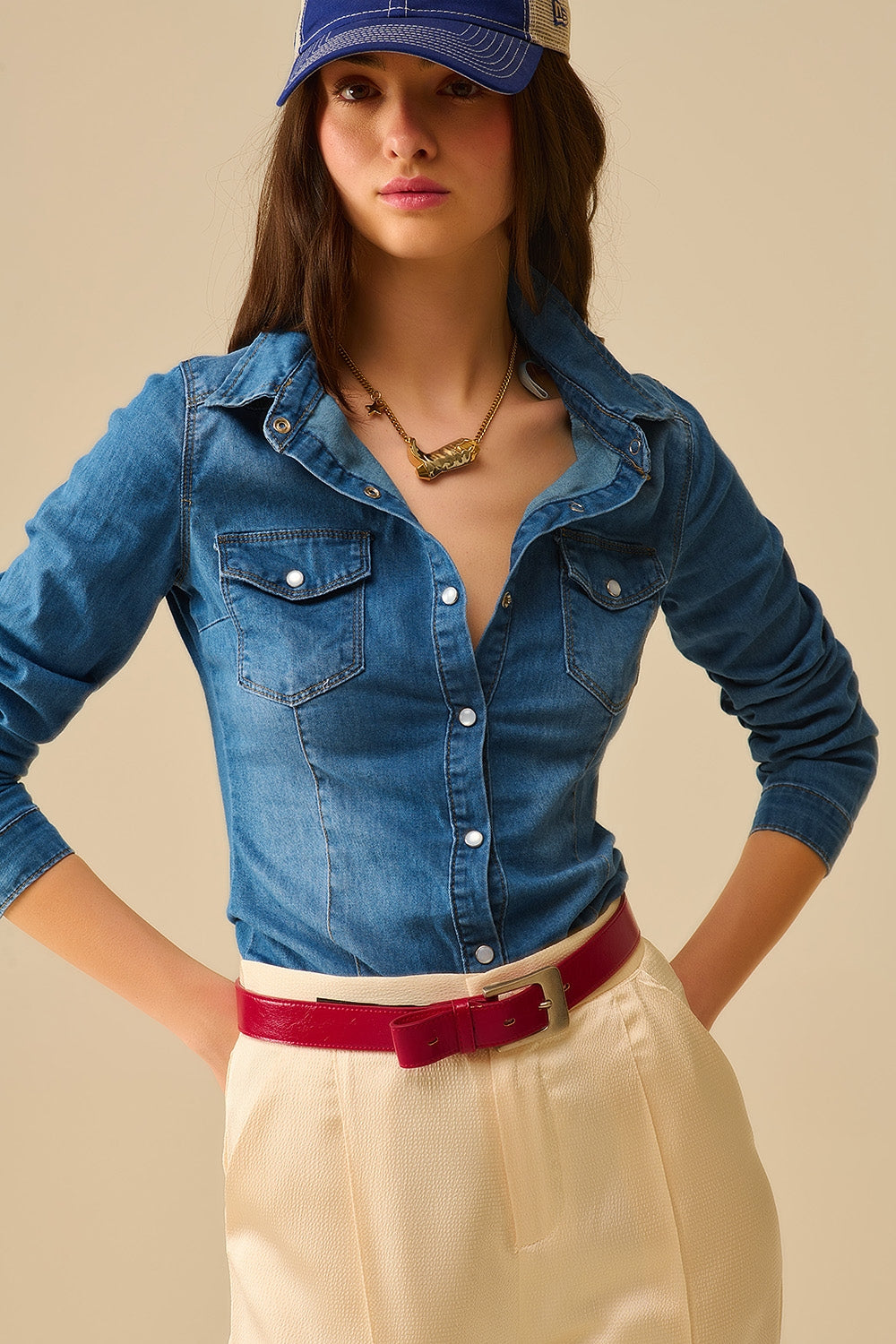 Fitted Stretch Denim Shirt With Chest Pockets - Shirts