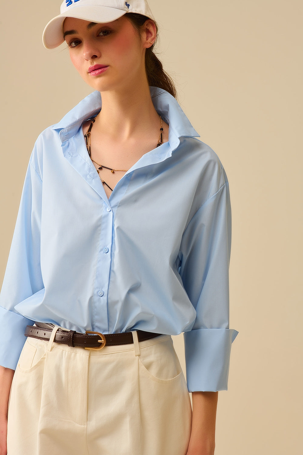 Blue poplin shirt with extra-wide cuffs - Shirts