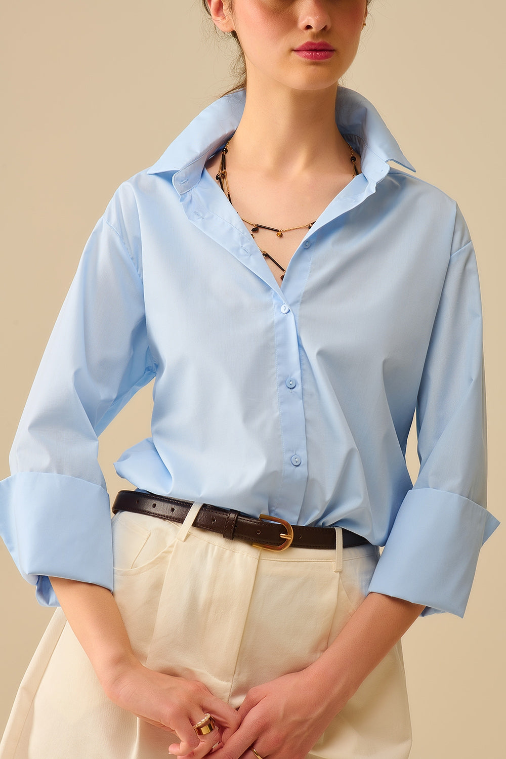 Blue poplin shirt with extra-wide cuffs - Shirts