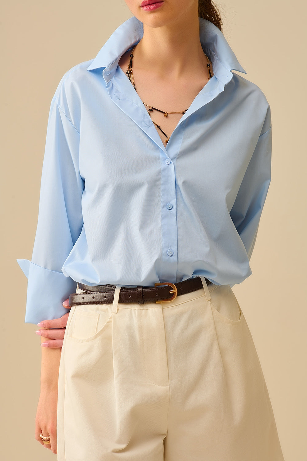Blue poplin shirt with extra-wide cuffs - Shirts
