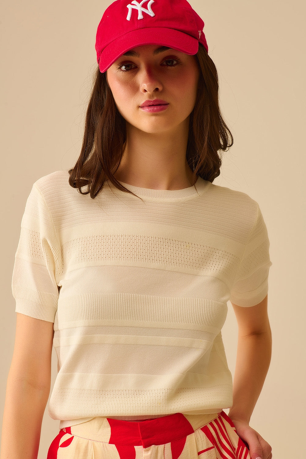 Textured Stripe Knit Sweater in White - jumper