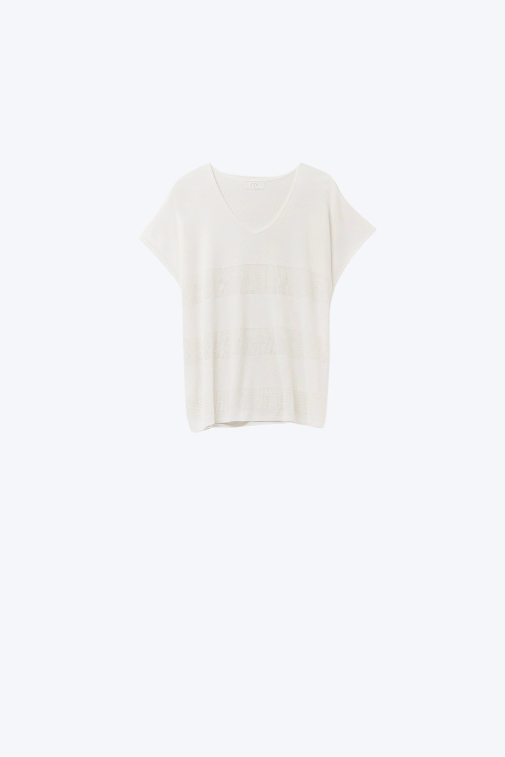 White V-neck knit sweater with open stitch detail