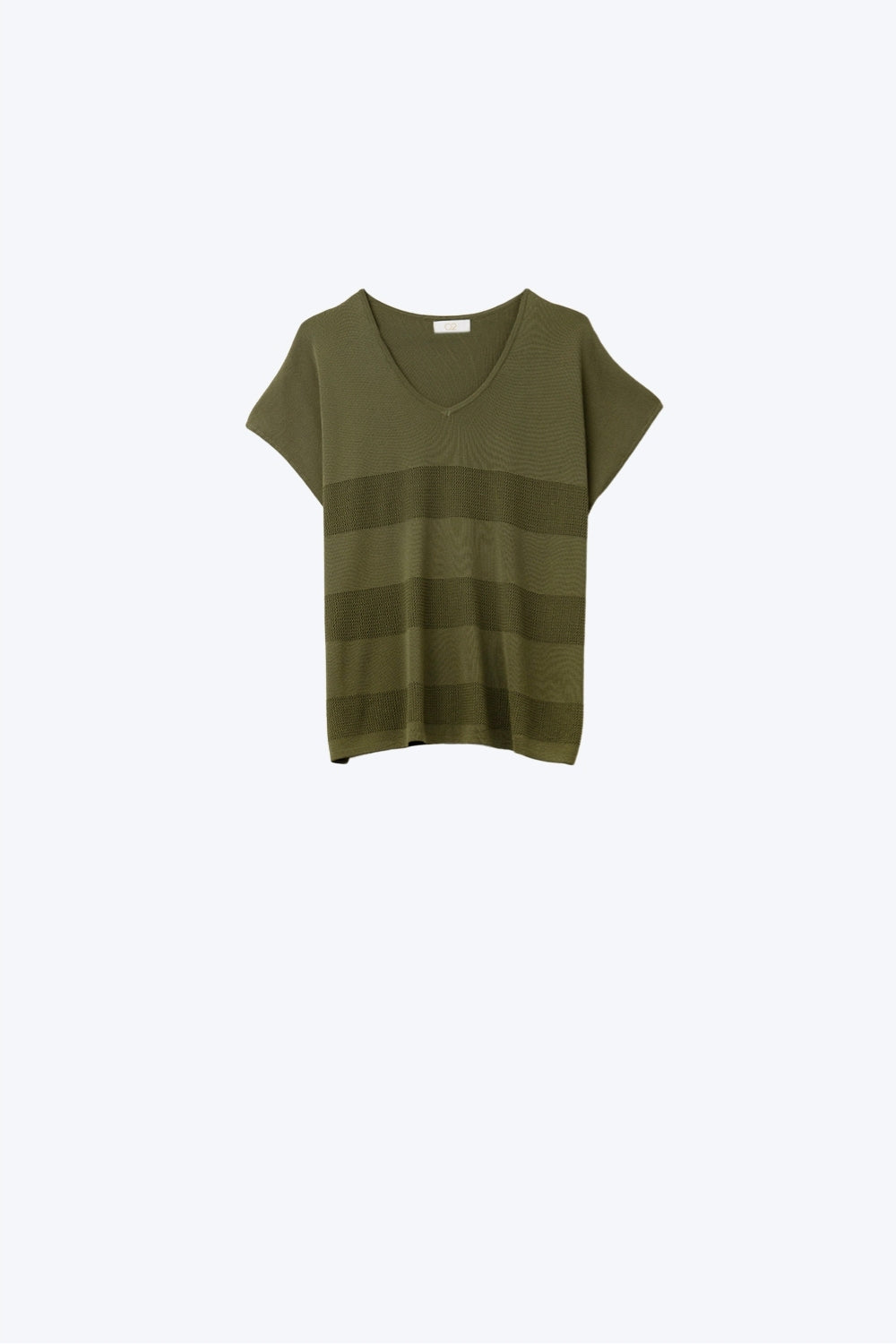 Khaki V-neck knit sweater with open stitch detail