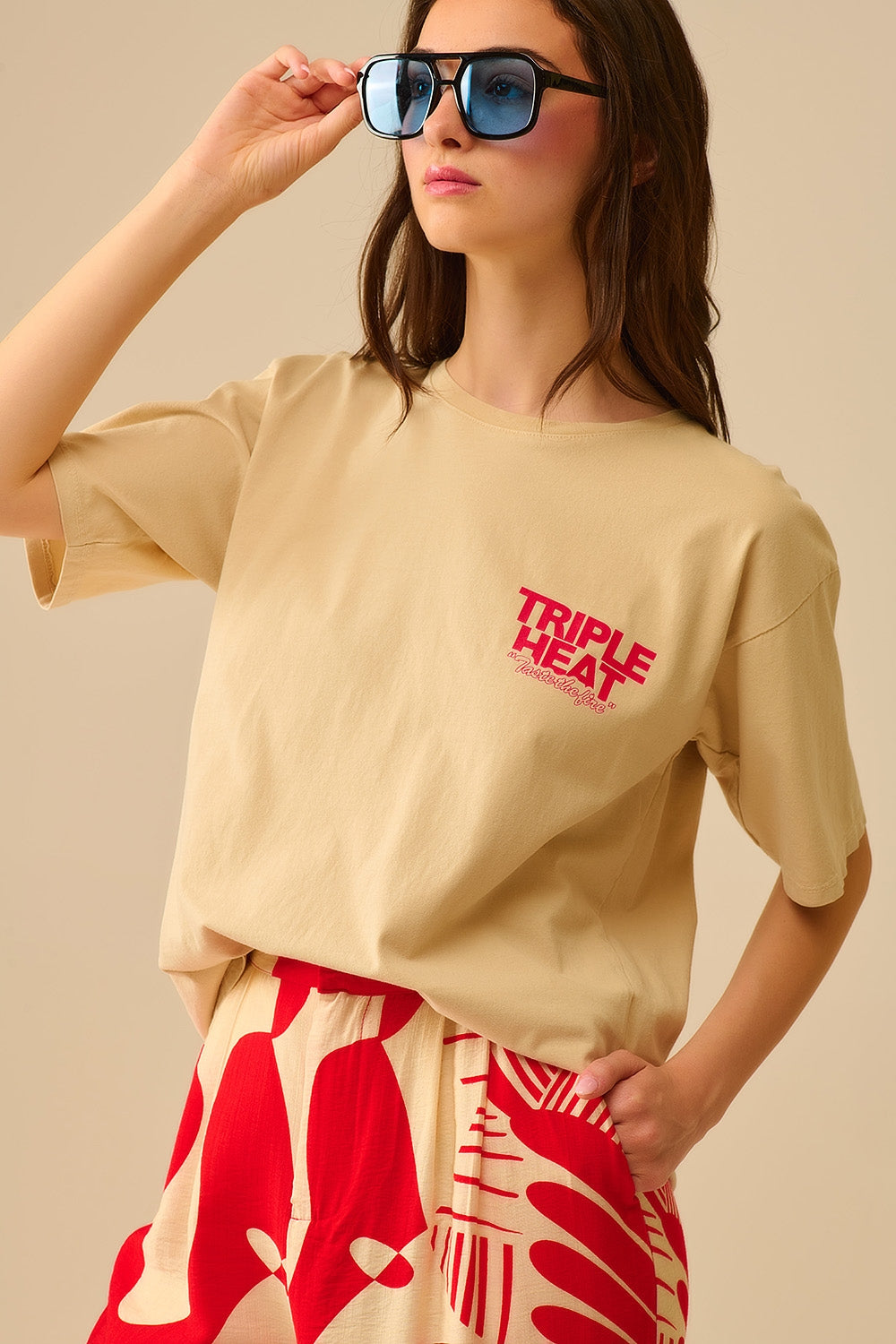 T-shirt triple chaleur à manches courtes coupe décontractée beige