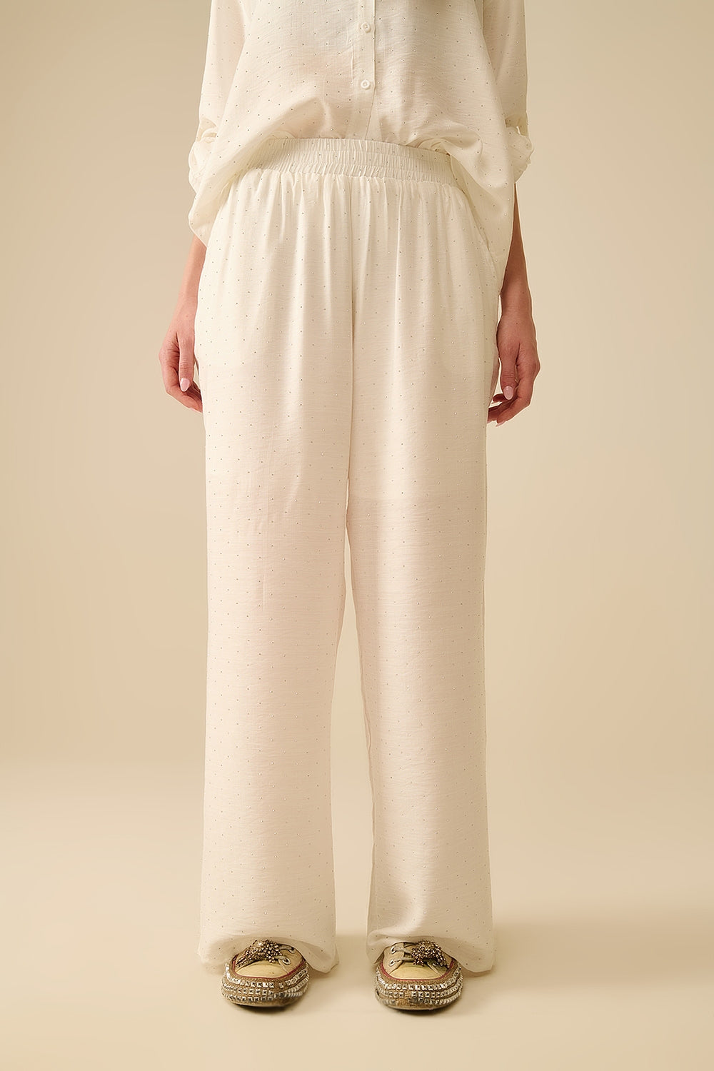 Lightweight wide-legged white pants with strass details - trousers