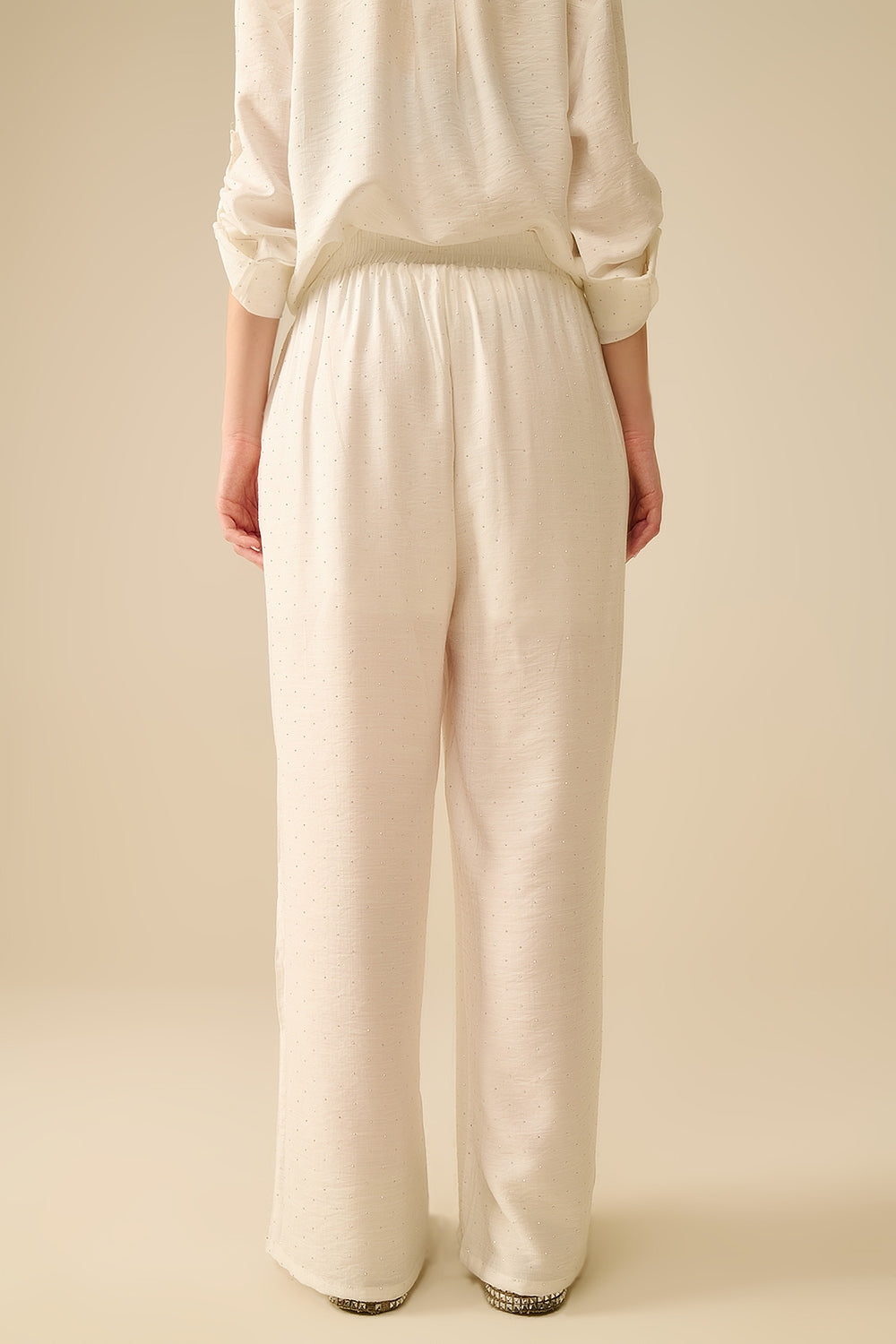 Lightweight wide-legged white pants with strass details - trousers