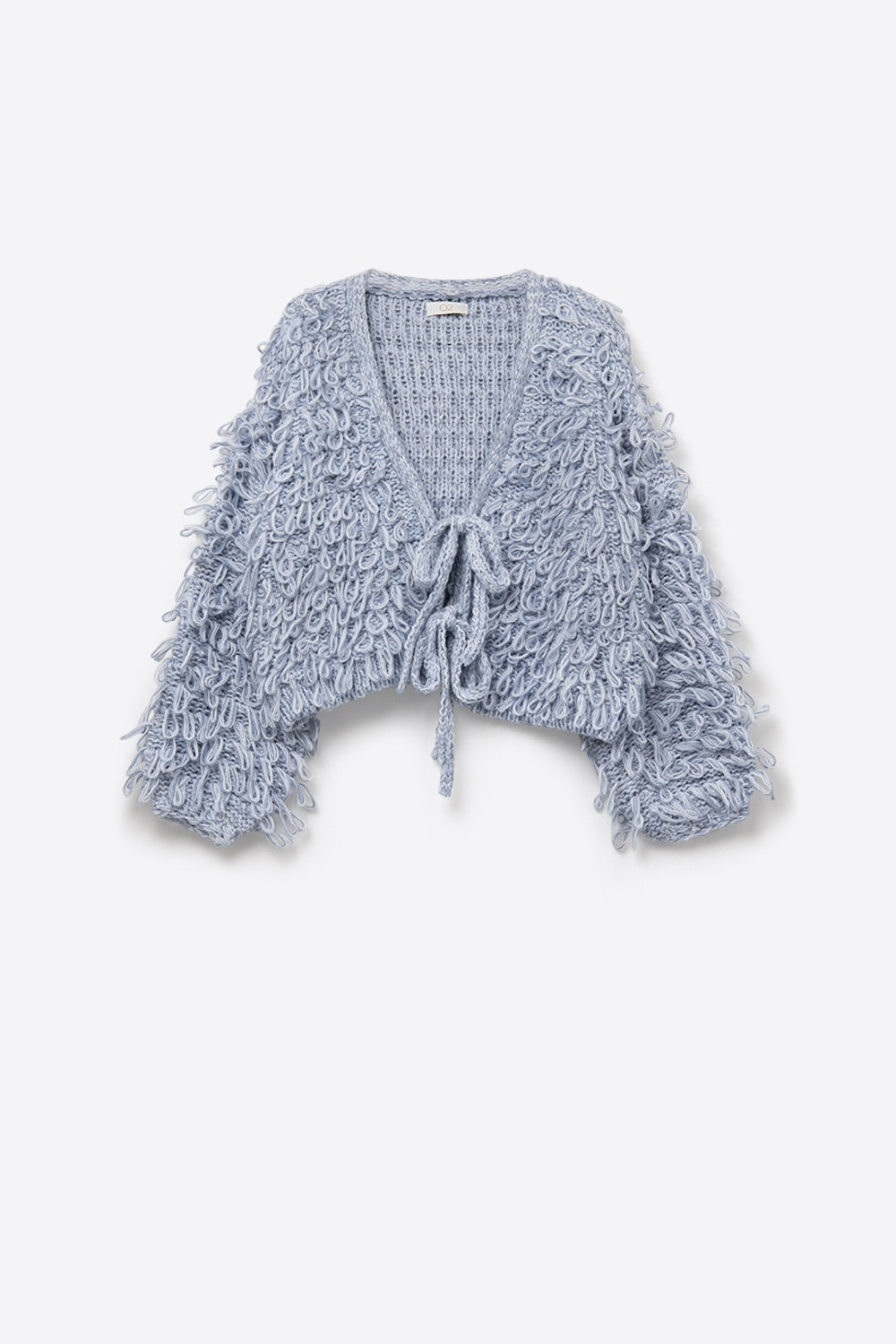 Blue chunky knit cardigan with V-neck and front bow closure