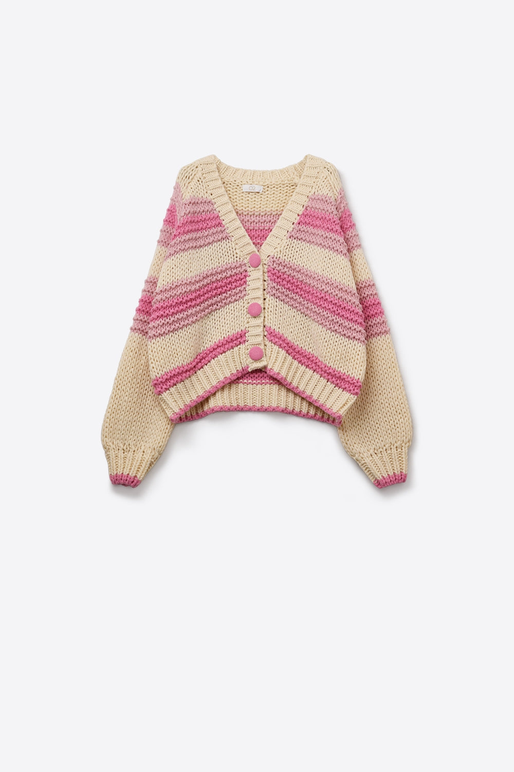 V-neck Chunky Knit Cardigan in stripes of Pink and cream