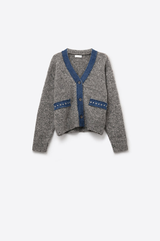 gray cardigan with denim fabric details
