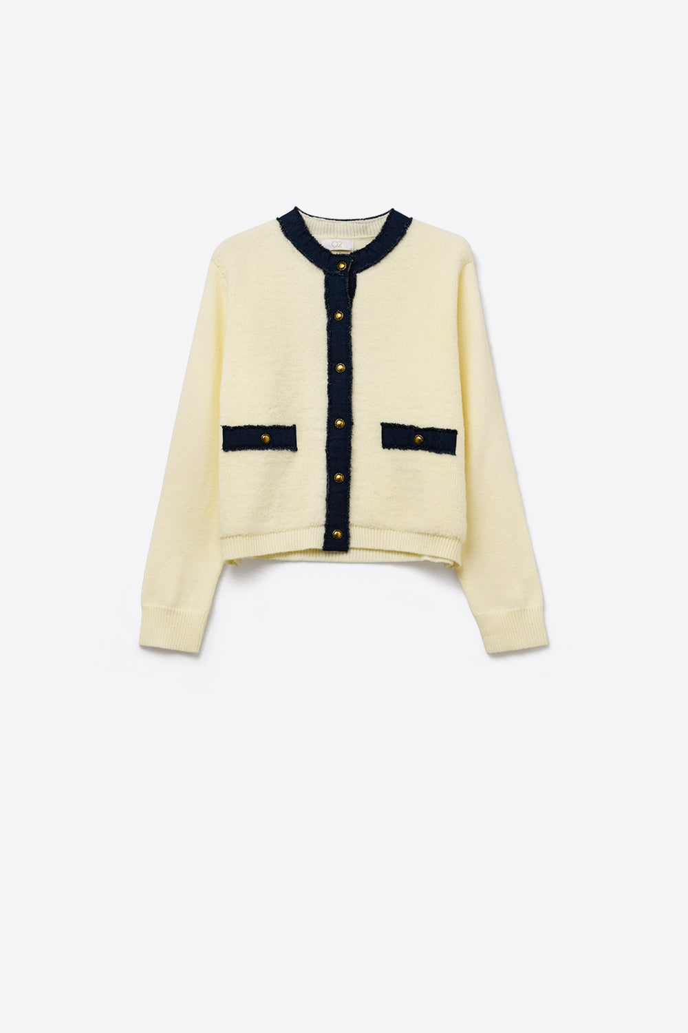 Chic Cream Cardigan with Navy denim Detailing