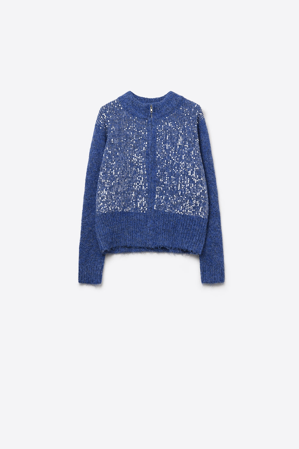 Blue fluffy knit cardigan with sequins and zipper closure