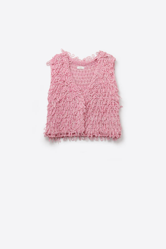 Loop Knit Vest with Textured Fringe Effectm in pink