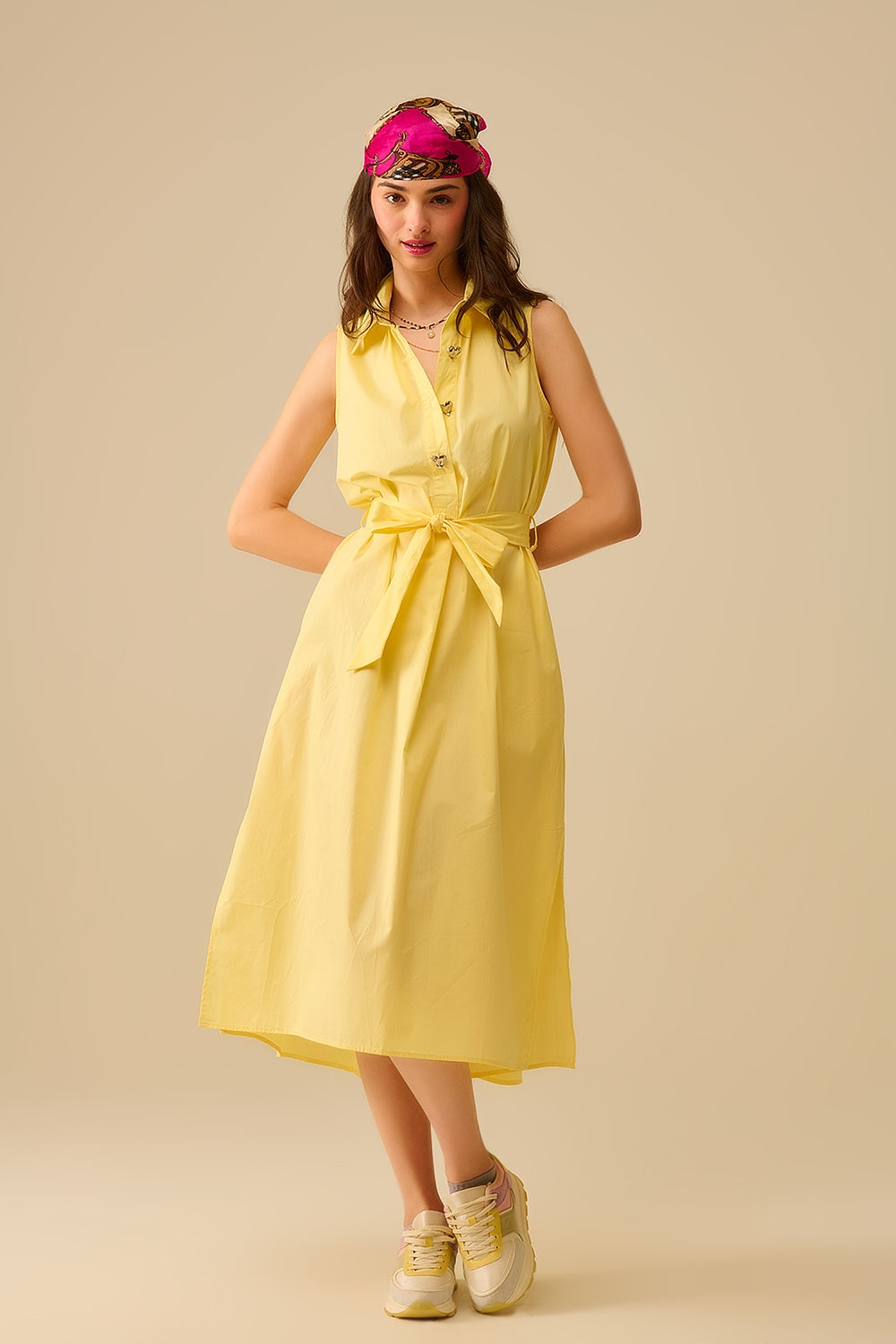 Yellow poplin midi dress with silver heart-shaped buttons - dress