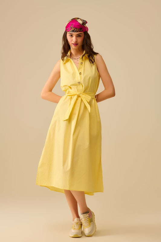 Yellow poplin midi dress with silver heart-shaped buttons - dress