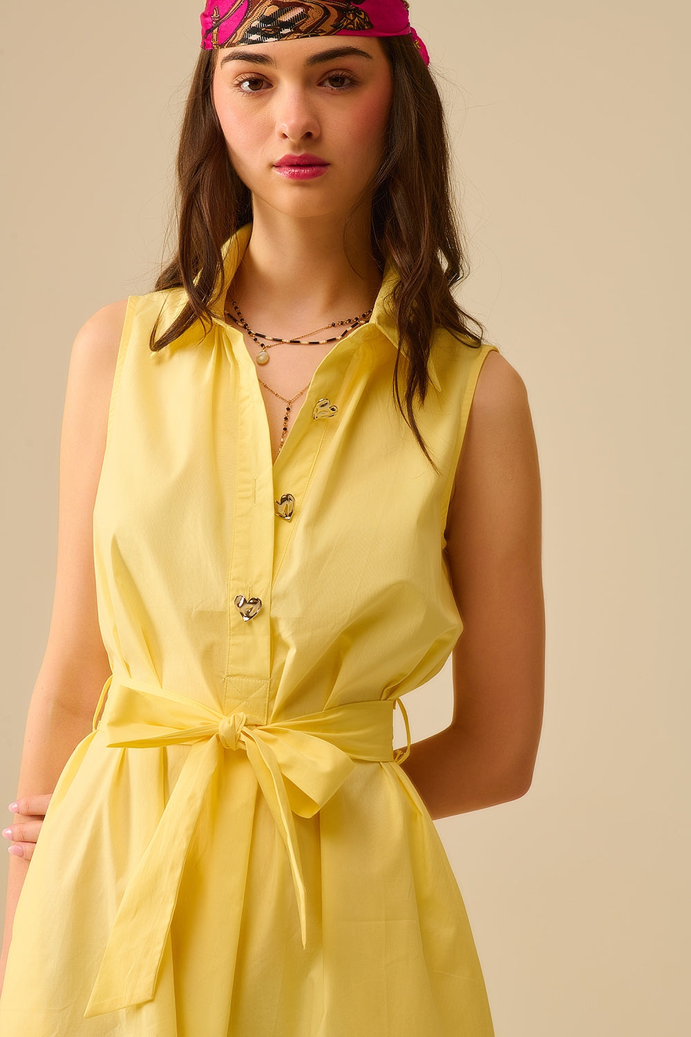 Yellow poplin midi dress with silver heart-shaped buttons - dress