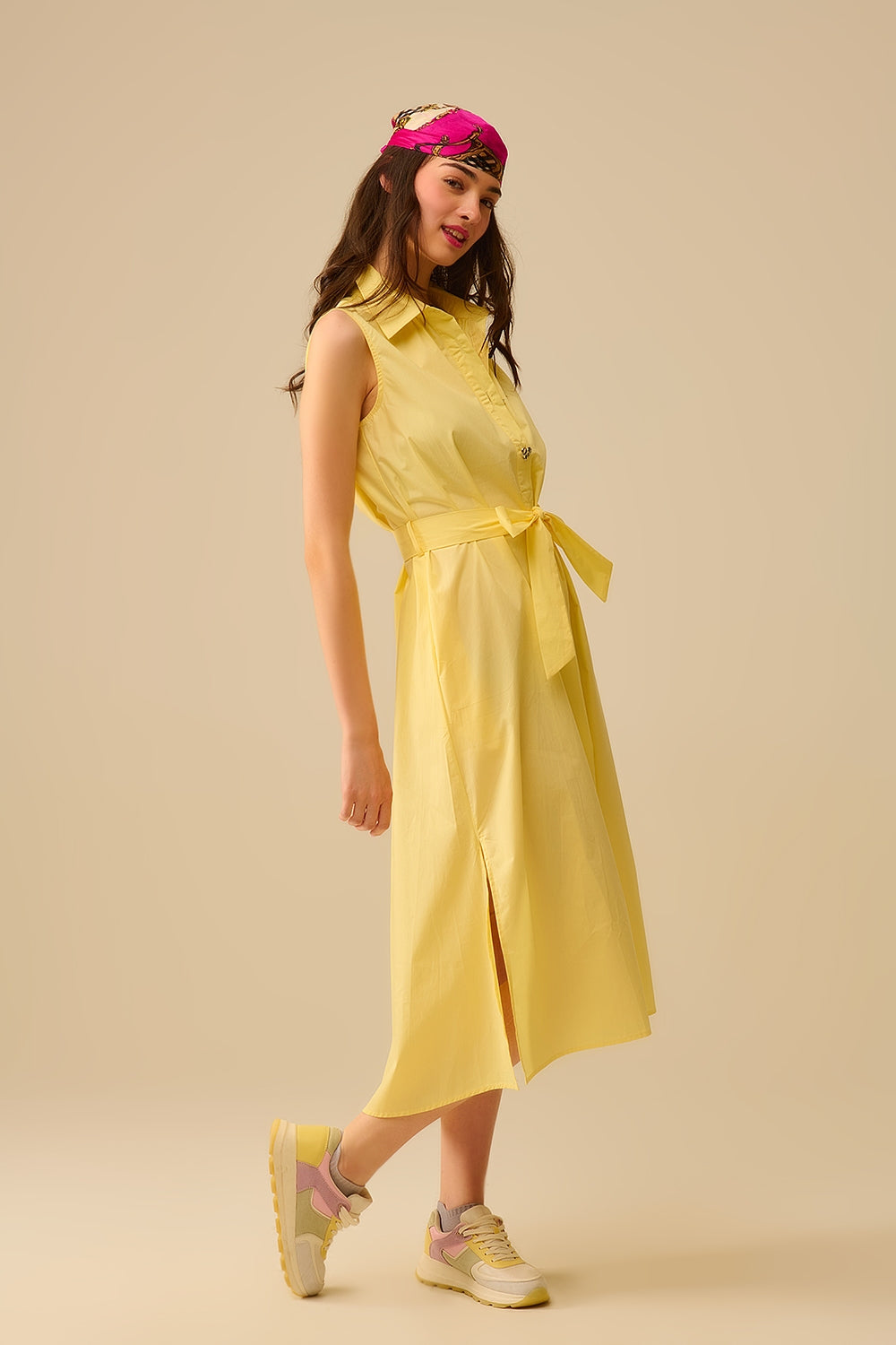 Yellow poplin midi dress with silver heart-shaped buttons - dress