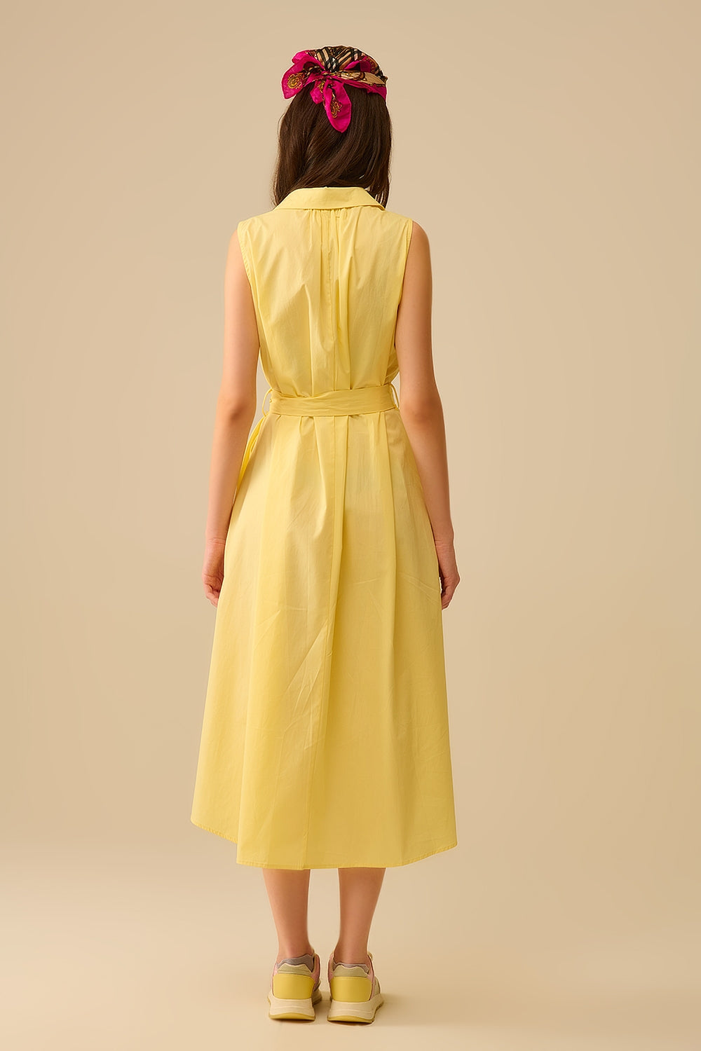 Yellow poplin midi dress with silver heart-shaped buttons - dress