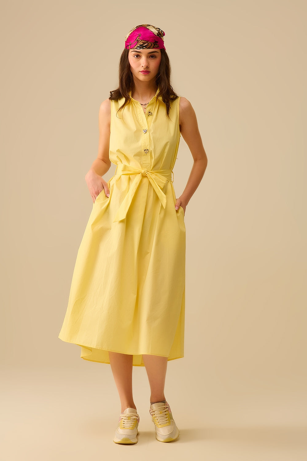 Yellow poplin midi dress with silver heart-shaped buttons - dress