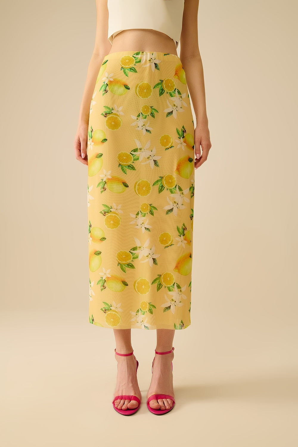 Yellow Fitted midi skirt with lemon print in mesh fabric