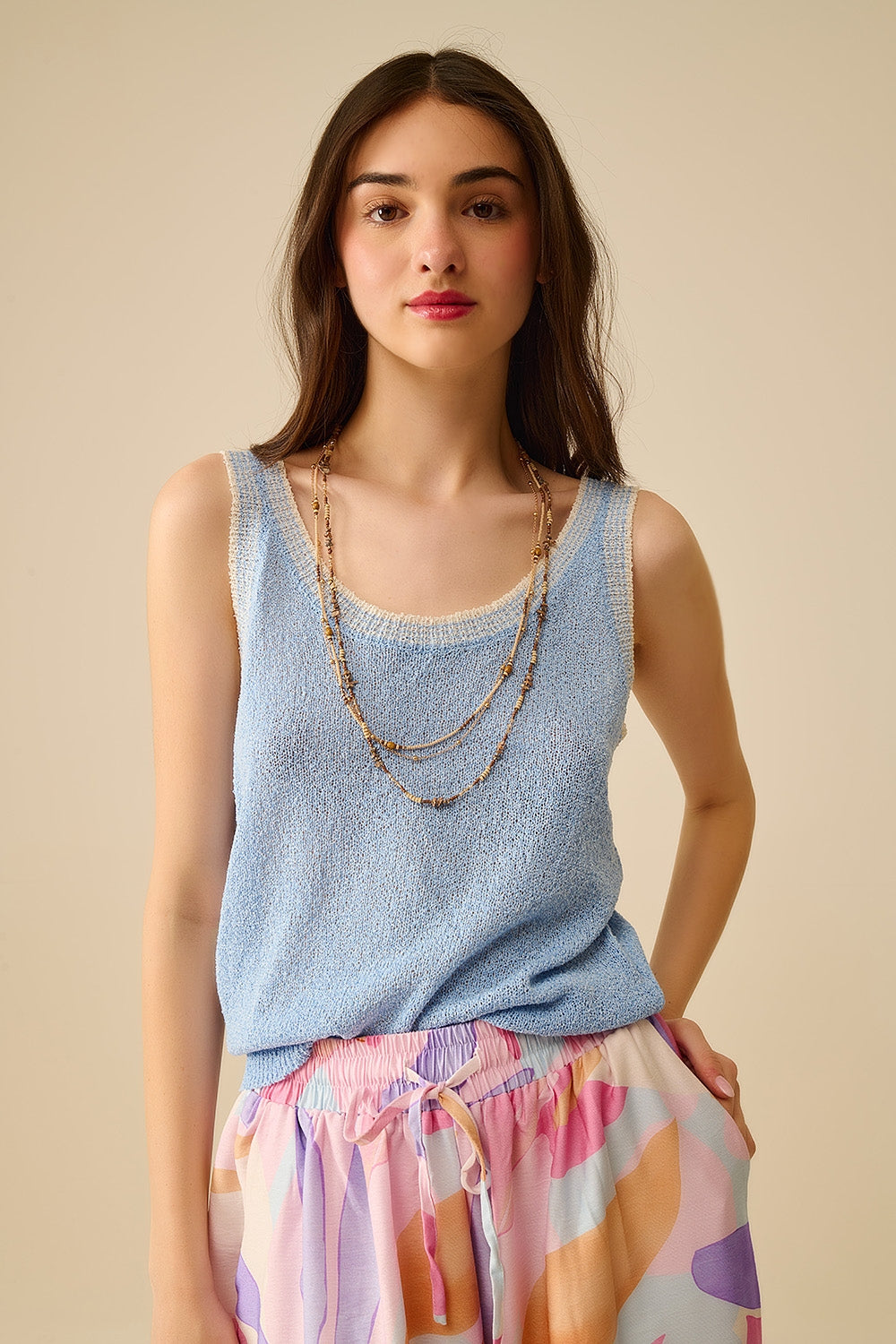 Light Blue Knit Tank Top with White Trim