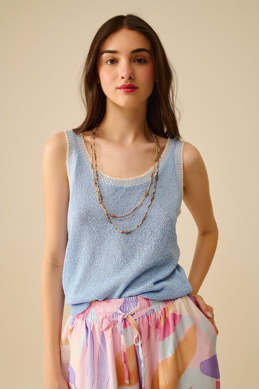 Light Blue Knit Tank Top with White Trim