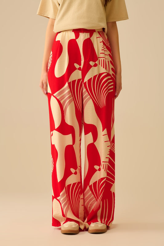 Red abstract print wide-leg trousers - trousers