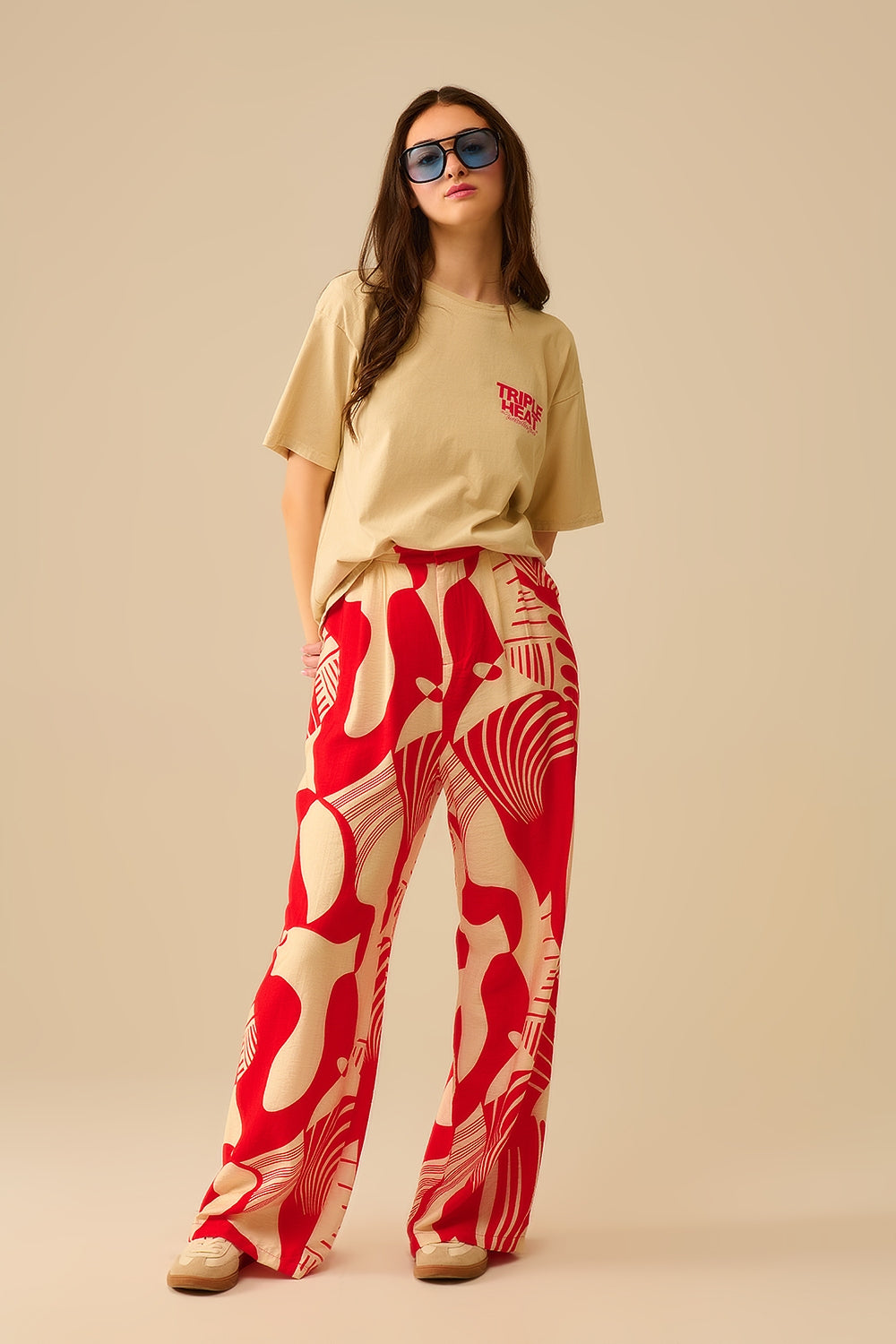Red abstract print wide-leg trousers - trousers