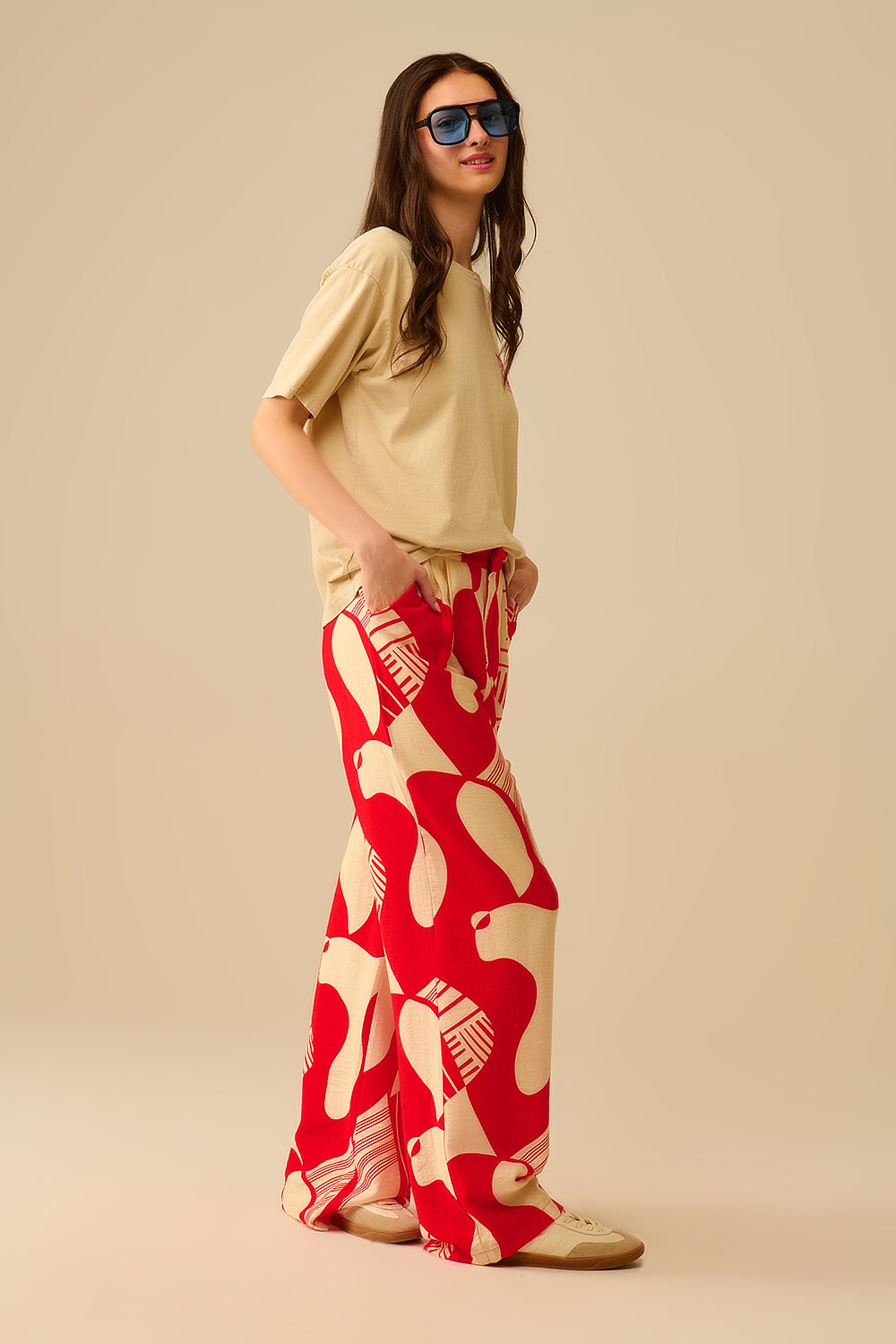 Red abstract print wide-leg trousers - trousers