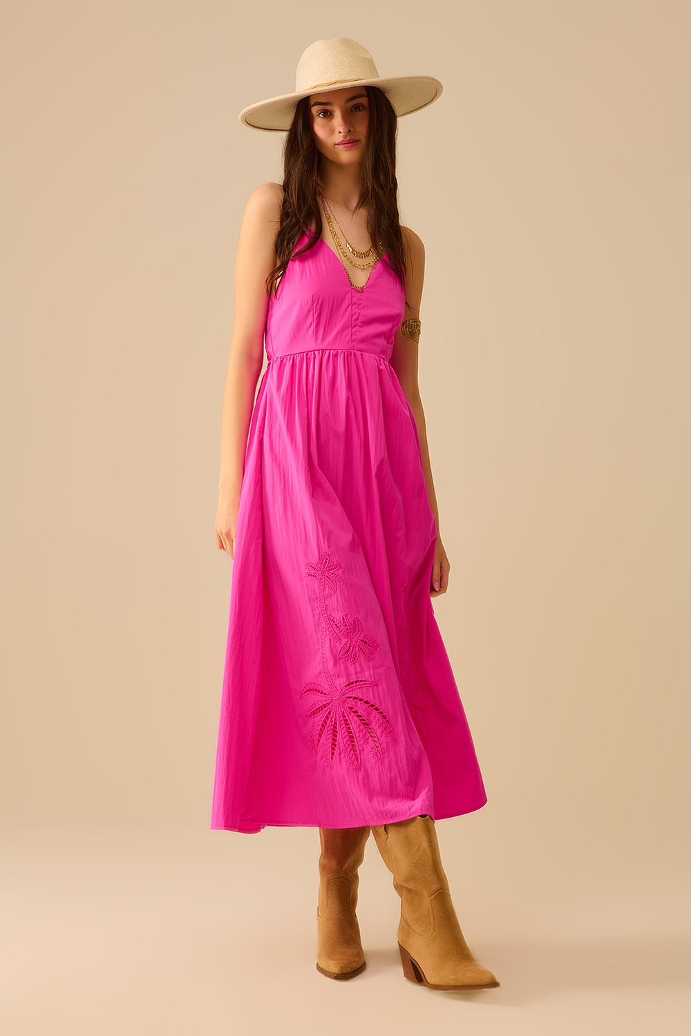 Fucshia maxi dress with embroidered palms - dress