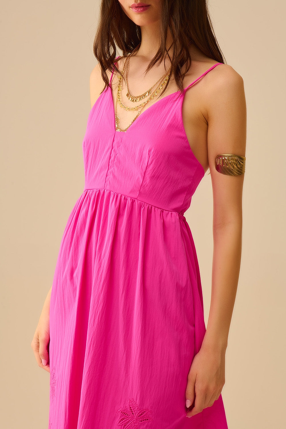 Fucshia maxi dress with embroidered palms - dress