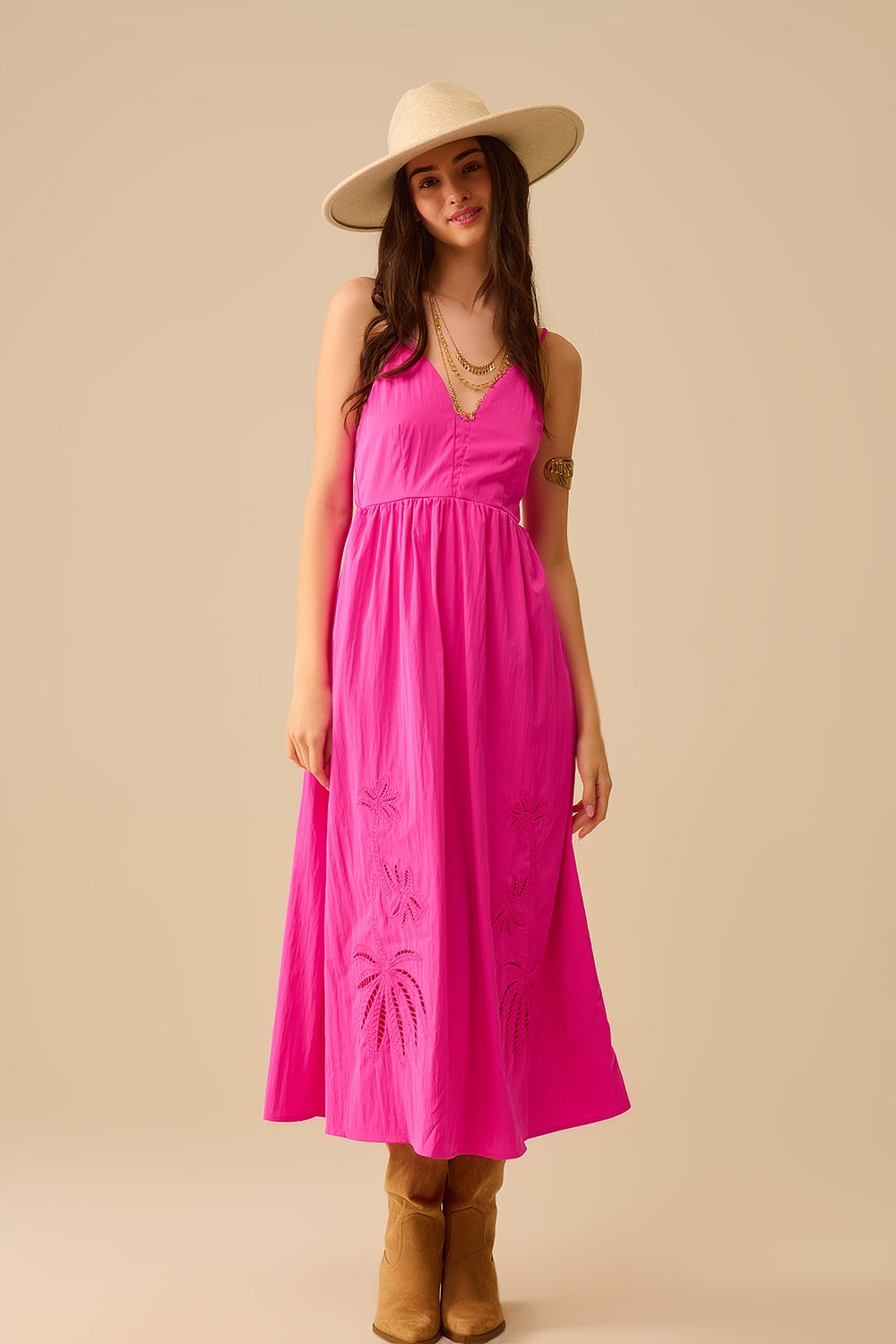 Fucshia maxi dress with embroidered palms - dress