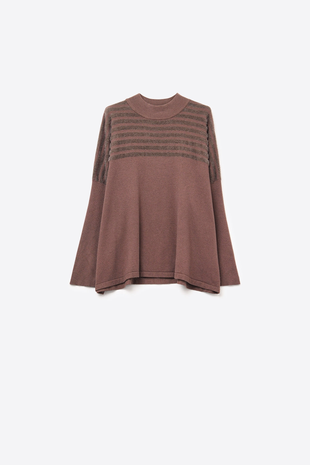 Brown Knit Sweater with Fluffy Stripe Detail