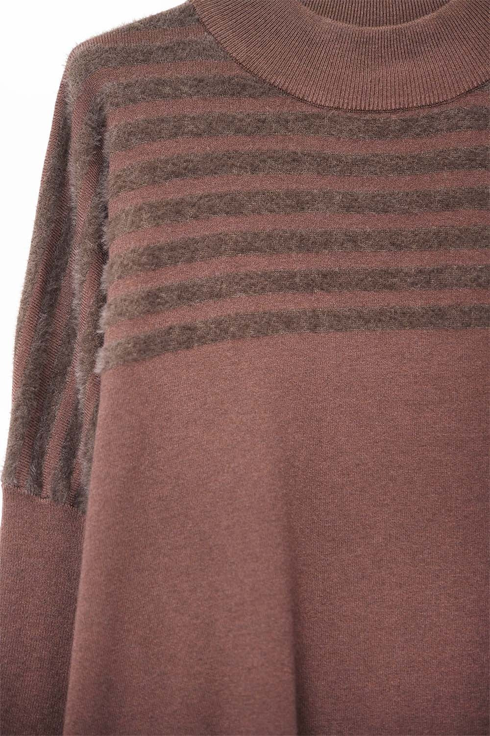 Brown Knit Sweater with Fluffy Stripe Detail