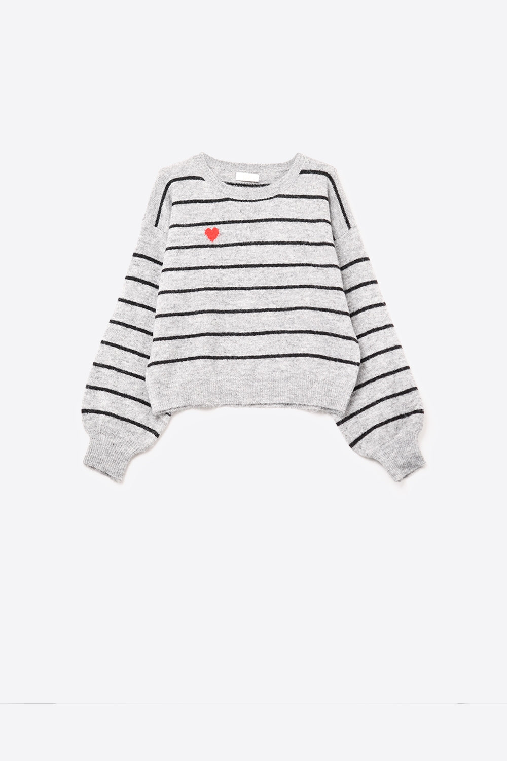 gray striped knit sweater with red heart detail