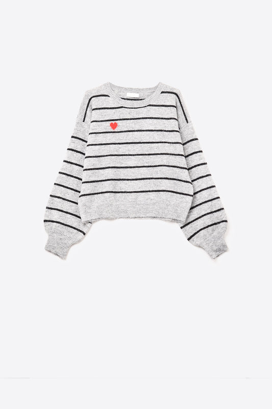 gray striped knit sweater with red heart detail