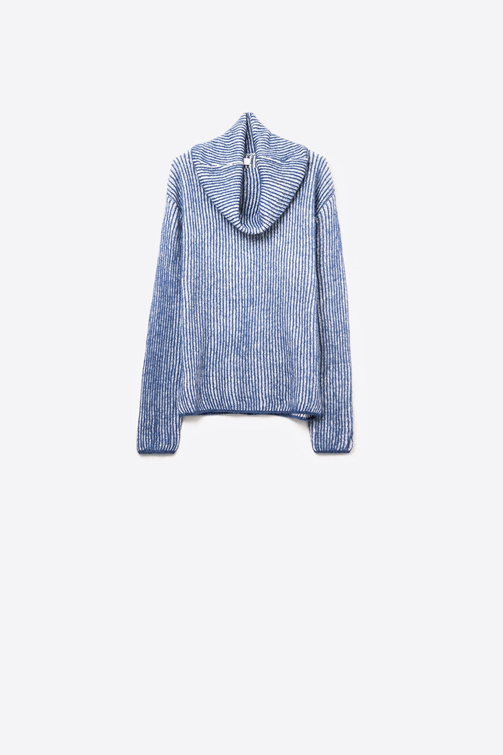 Navy blue ribbed knit sweater with a roll neck