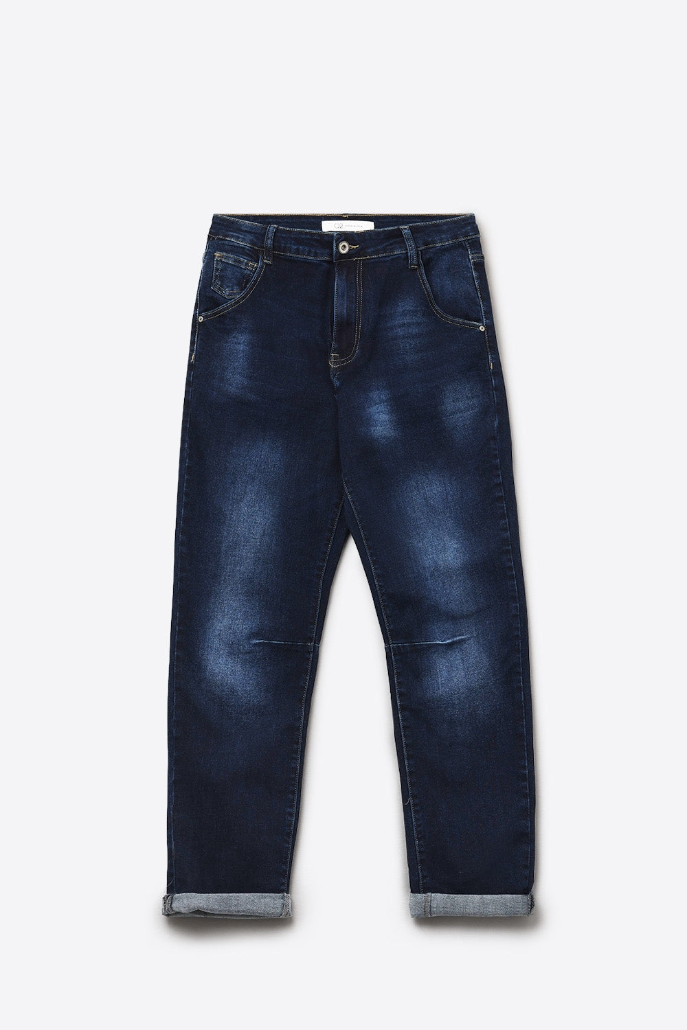 Dark wash jeans with contrast stitching and cuffed hems - Denim