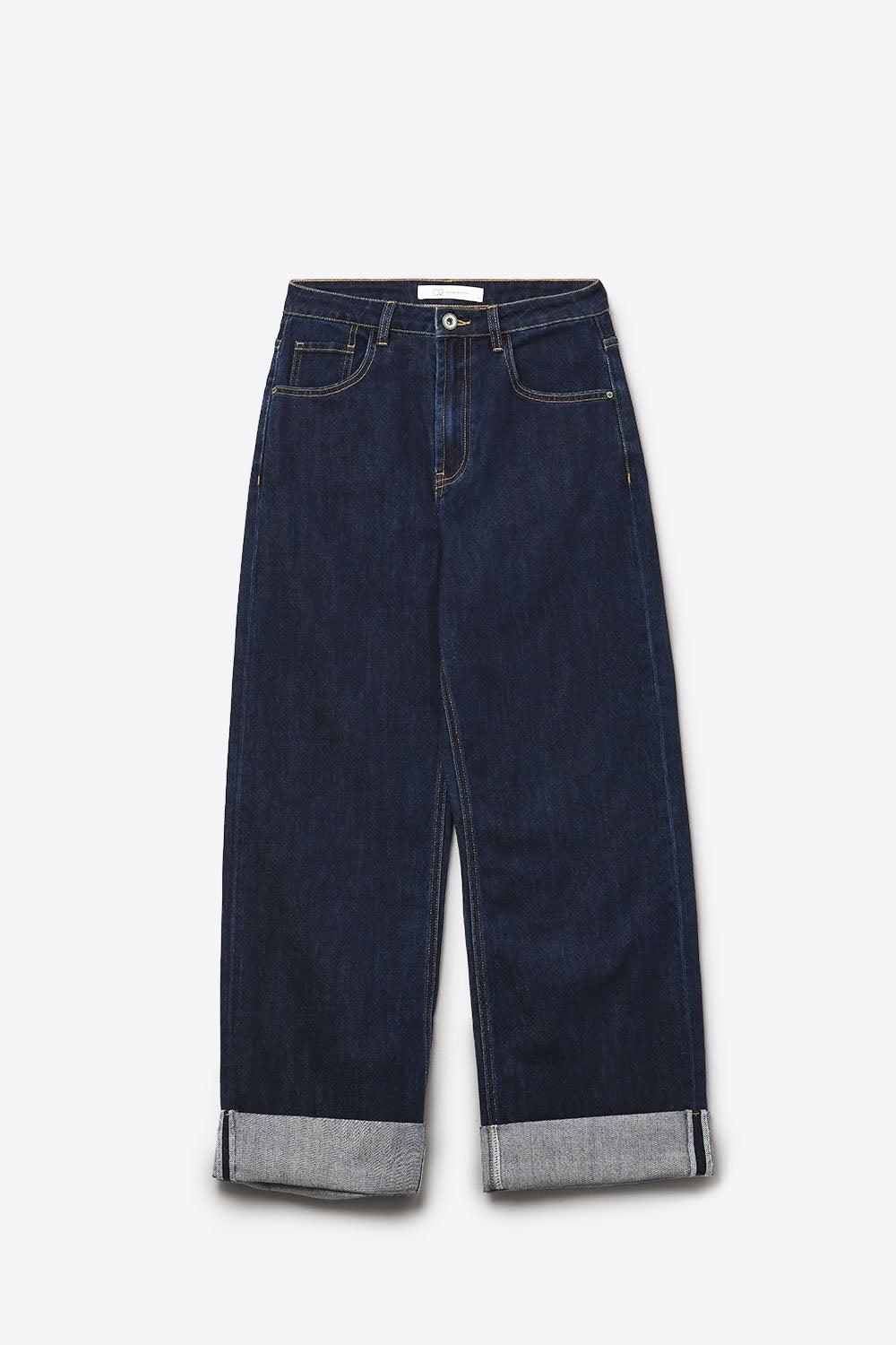 High-Waisted Dark Blue wide leg Jeans with Folded Hems - Denim